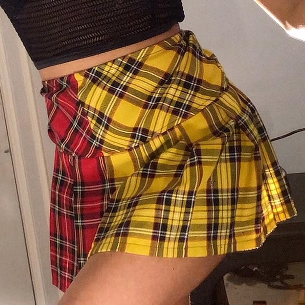 Split Plaid Pleated Mini Skirt Sm Red Yellow Tartan Zaful Holiday schoolgirl NWT